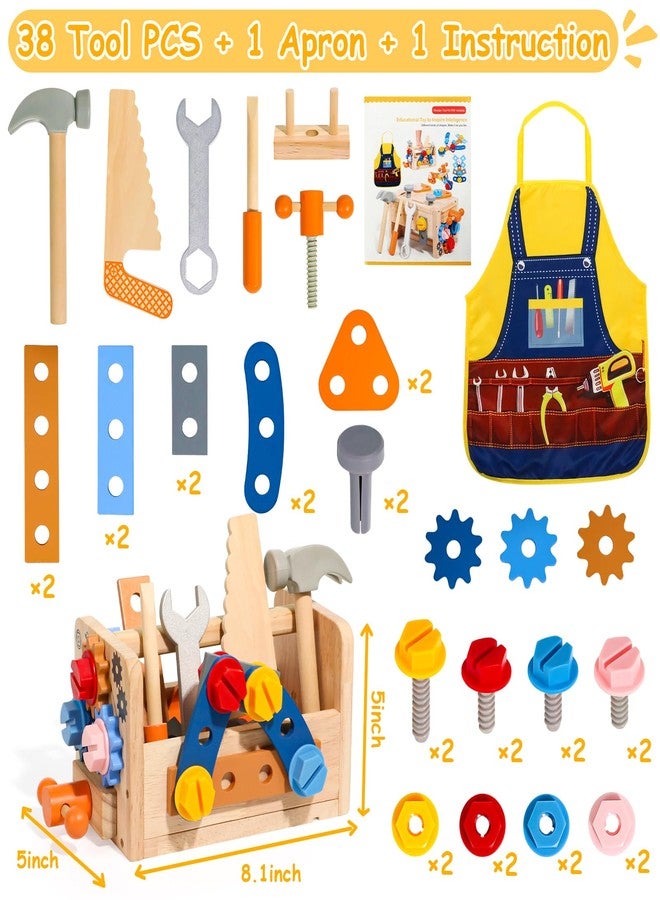 TONZE Kids Tool Set with Apron, Wooden Toddler Tool Bench Box Montessori Toys for 2 3 4 Year Old Boys Girls, 39 PCS Educational Construction Toys Pretend Play Toddler Toys 3 4 5 Year Old Birthday Gift - Image 3
